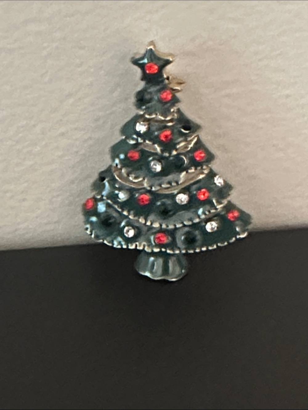 Talbots Green Enamel Christmas Tree Brooch with Red and Clear Stones